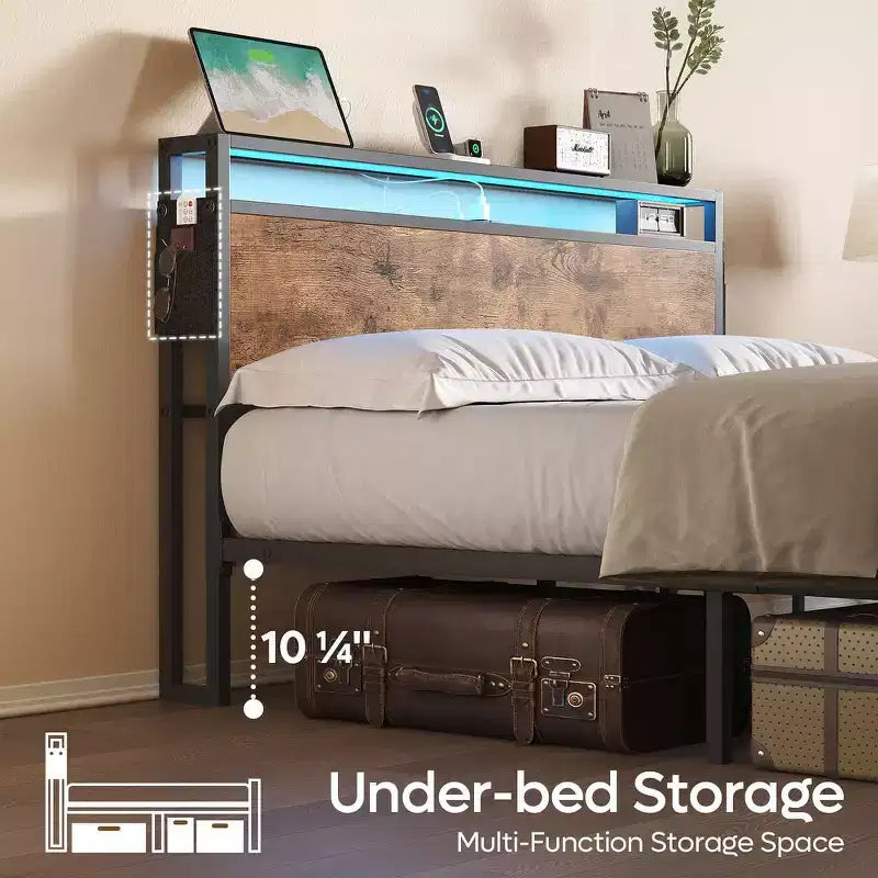 Bestier King Size Bed Frame, Metal Platform Bed with Wood Storage Headboard LED Lights and Charging Station