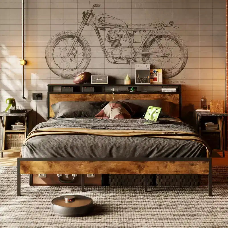 Bestier King Size Bed Frame, Metal Platform Bed with Wood Storage Headboard LED Lights and Charging Station