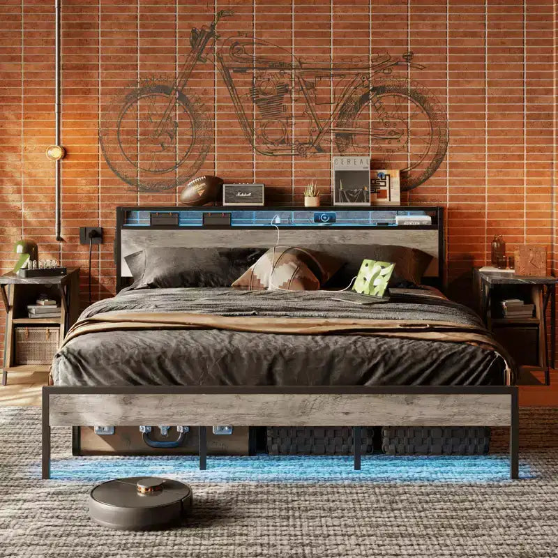 Bestier Letto Matrimoniale King Size, Struttura Letto in Metallo con Testiera in Legno con Spazio di Archiviazione, Luci a LED e Stazione di Ricarica