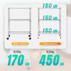 Scaffale a 3 ripiani in filo metallico BestMassage, mobiletto portaoggetti per dispensa con certificazione NSF e ruote, design salvaspazio, piedini regolabili