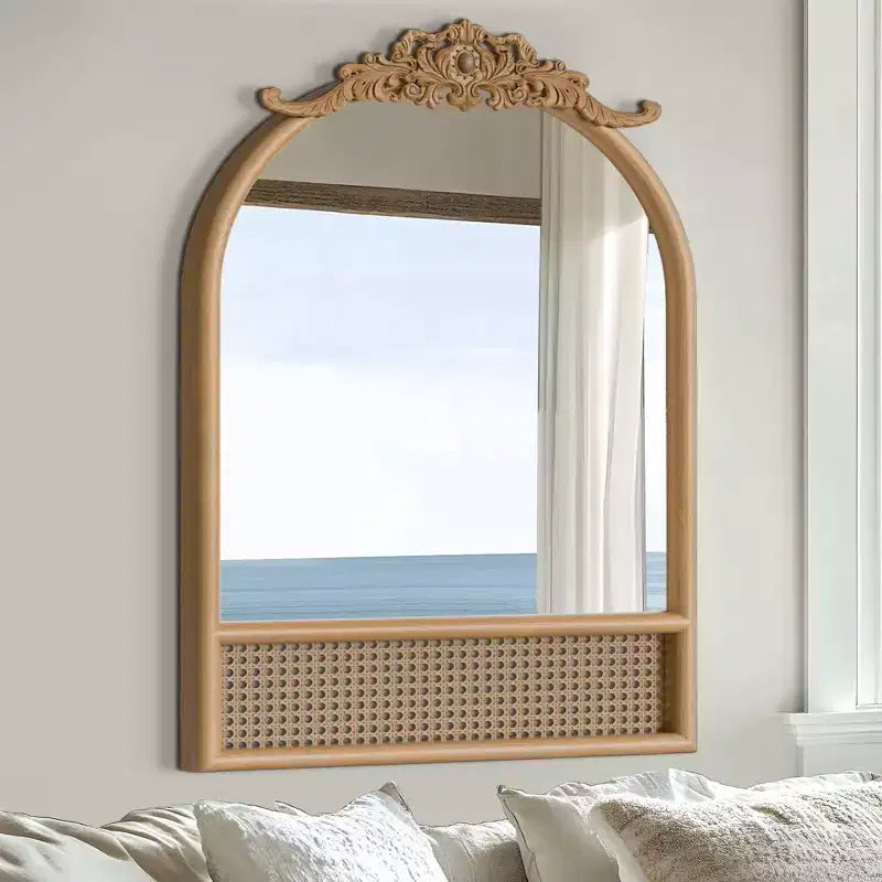 PexFix Classic Carved Arch Wood Frame with Rattan Bottom Wall Mirror