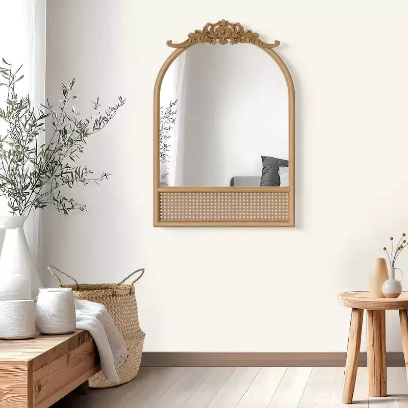 PexFix Classic Carved Arch Wood Frame with Rattan Bottom Wall Mirror