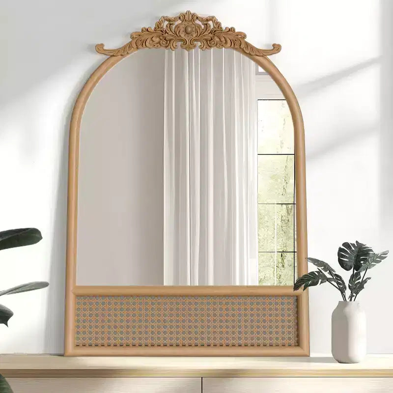 PexFix Classic Carved Arch Wood Frame with Rattan Bottom Wall Mirror
