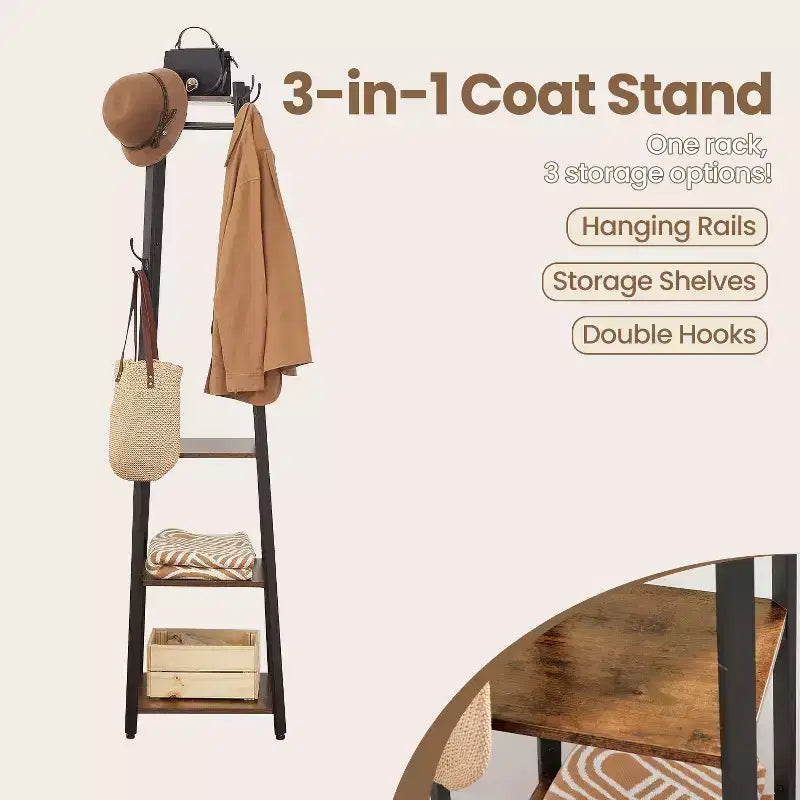 Industrial Style Coat Rack with 3 Shelves and Hooks - Stylish Entryway Storage Solution for Coats, Bags, and Accessories