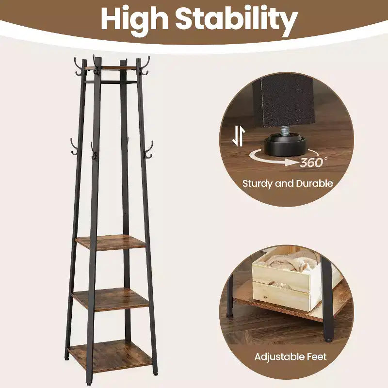 Industrial Style Coat Rack with 3 Shelves and Hooks - Stylish Entryway Storage Solution for Coats, Bags, and Accessories