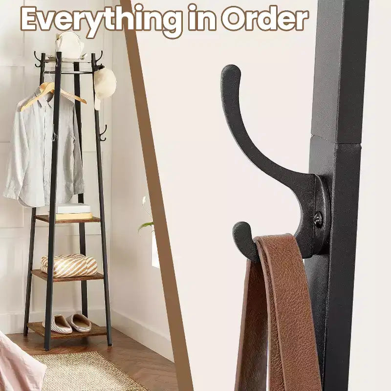 Industrial Style Coat Rack with 3 Shelves and Hooks - Stylish Entryway Storage Solution for Coats, Bags, and Accessories