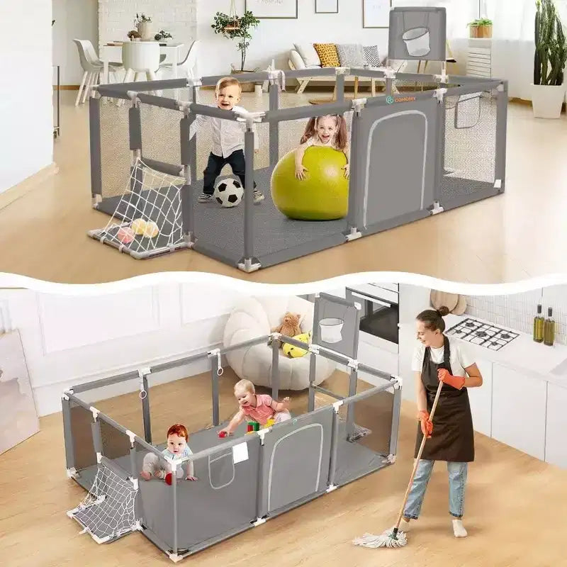 GOTGELIF 71x48 4-Panel Baby Playpen Portable Playard with Basketball Hoop