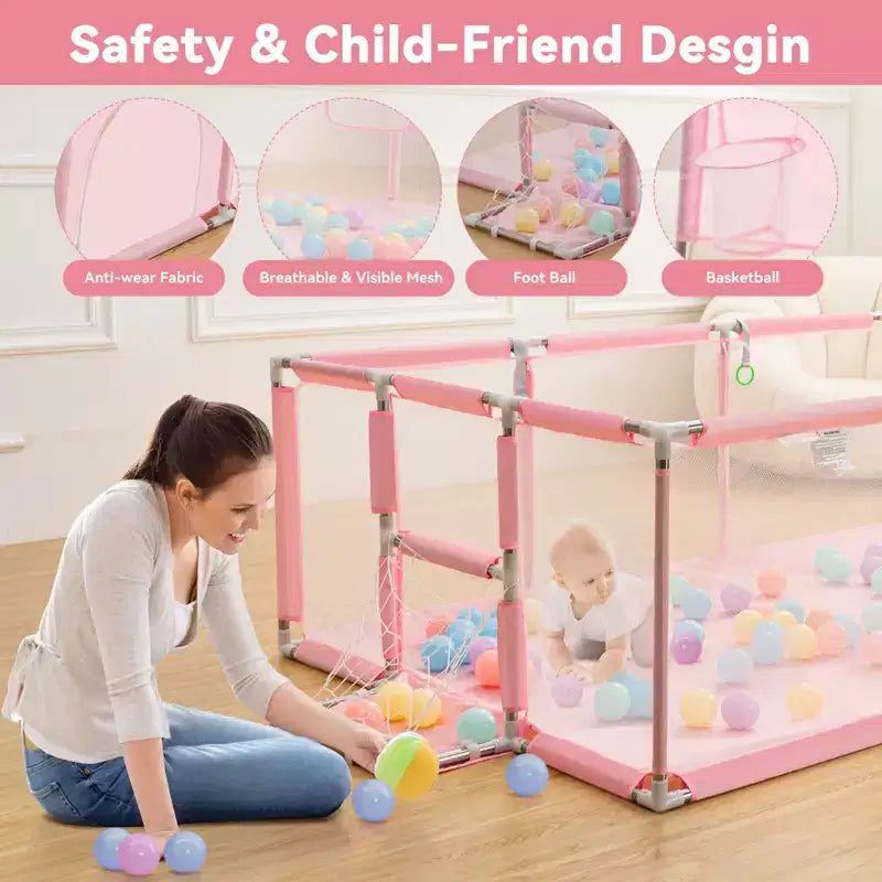 GOTGELIF 71x48 4-Panel Baby Playpen Portable Playard with Basketball Hoop