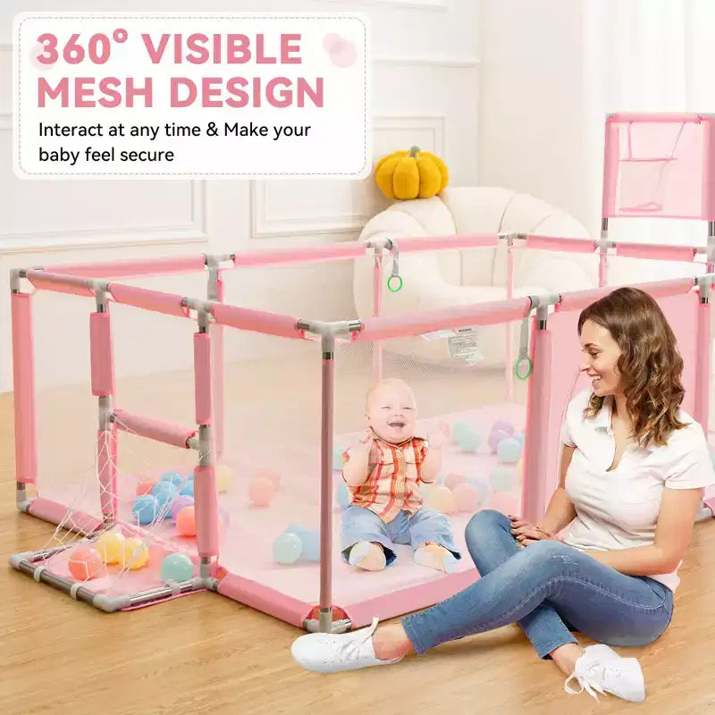 GOTGELIF 71x48 4-Panel Baby Playpen Portable Playard with Basketball Hoop