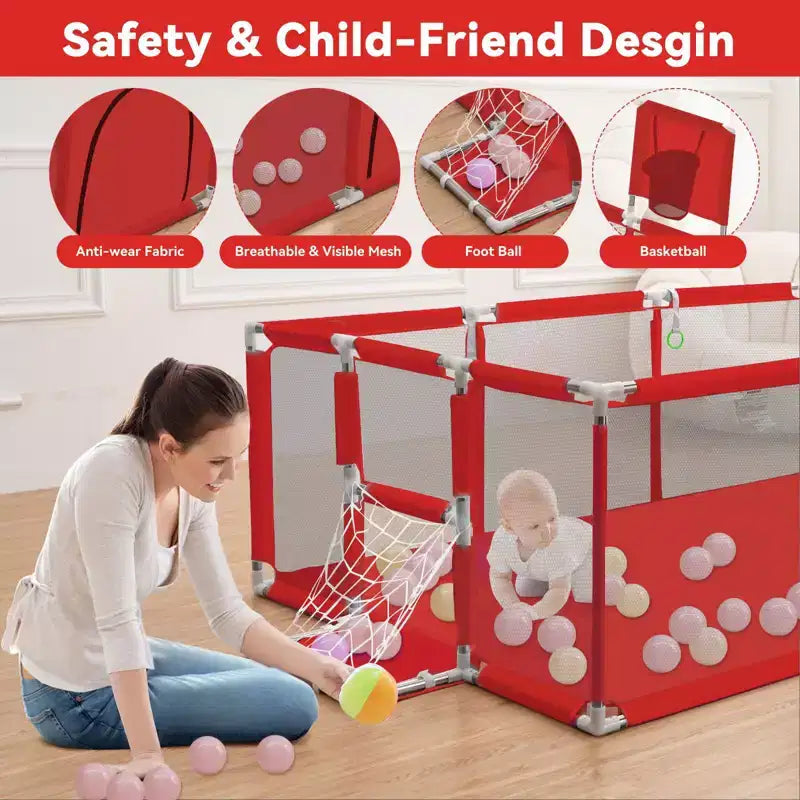 GOTGELIF 71x48 4-Panel Baby Playpen Portable Playard with Basketball Hoop