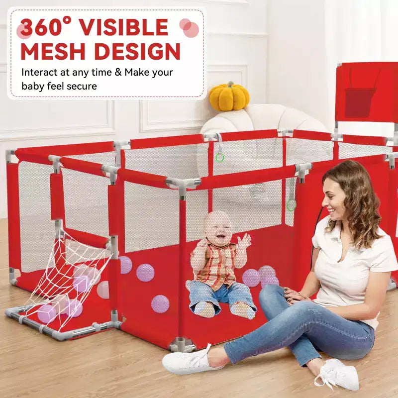 GOTGELIF 71x48 4-Panel Baby Playpen Portable Playard with Basketball Hoop