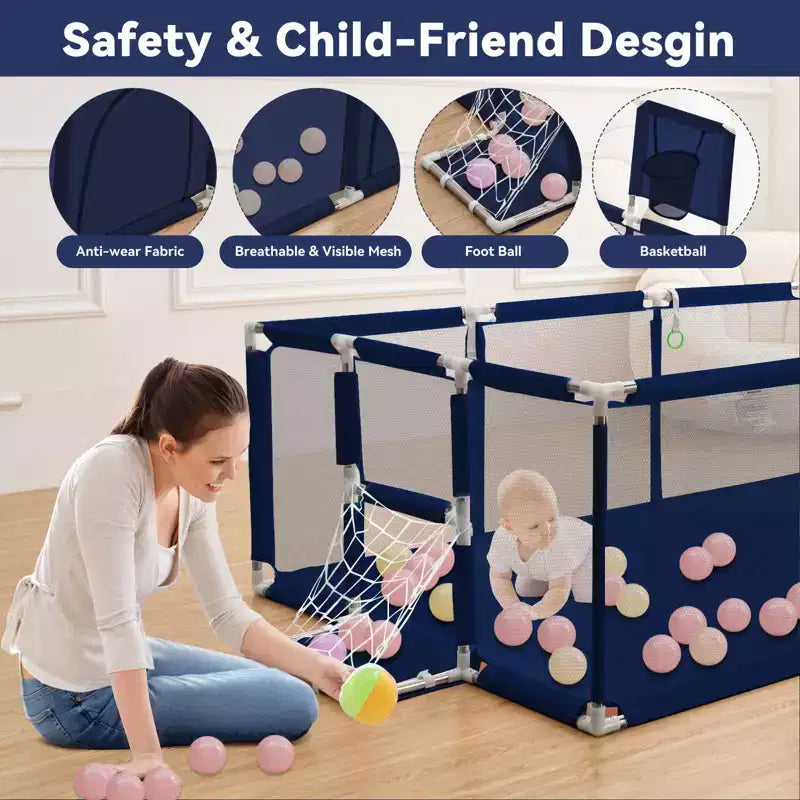GOTGELIF 71x48 4-Panel Baby Playpen Portable Playard with Basketball Hoop