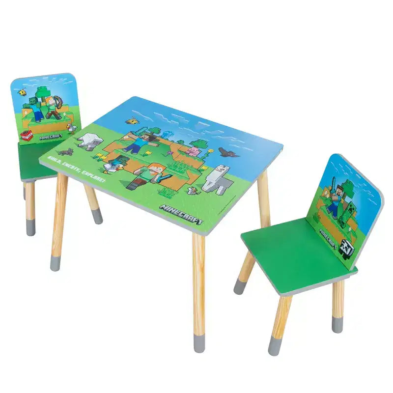 Minecraft Kids Wooden Table & Chair Set - Green & Blue, 3-Piece Decor
