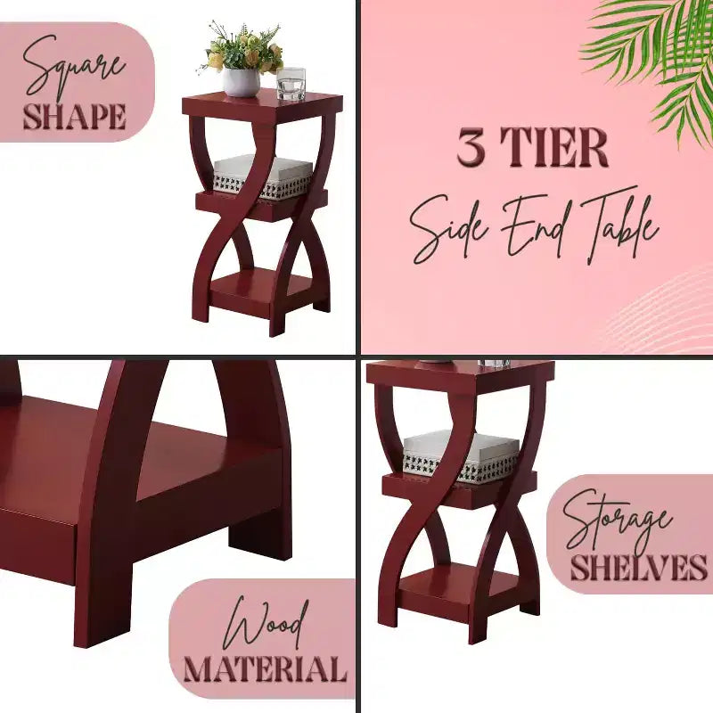 Kings Brand Furniture 3-Tier Wooden End Table with Shelves - Square Nightstand for Bedroom or Bookshelf