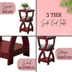 Kings Brand Furniture 3-Tier Wooden End Table with Shelves - Square Nightstand for Bedroom or Bookshelf