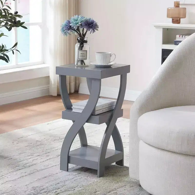 Kings Brand Furniture 3-Tier Wooden End Table with Shelves - Square Nightstand for Bedroom or Bookshelf