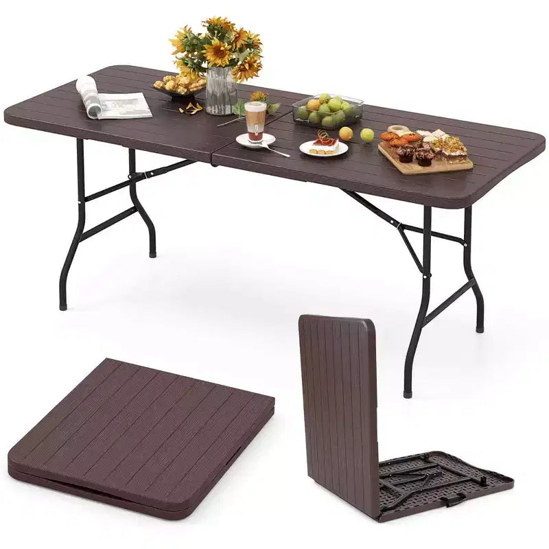 Costway 6 ft Portable Folding Table with Wood Grain HDPE Tabletop Safe Lock Mechanism Gray/Brown