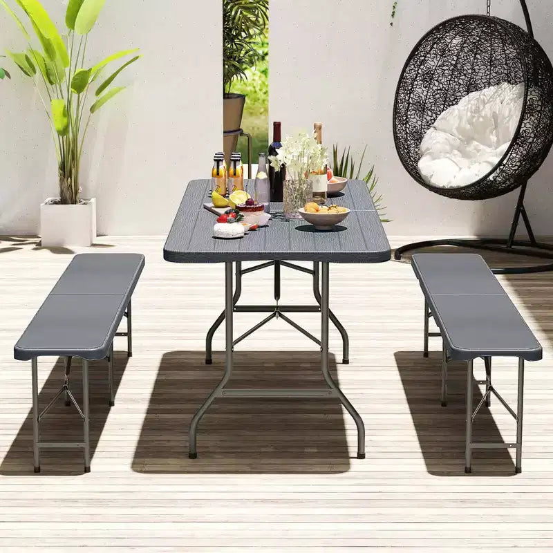 Costway 6 ft Portable Folding Table with Wood Grain HDPE Tabletop Safe Lock Mechanism Gray/Brown