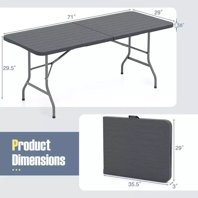 Costway 6 ft Portable Folding Table with Wood Grain HDPE Tabletop Safe Lock Mechanism Gray/Brown