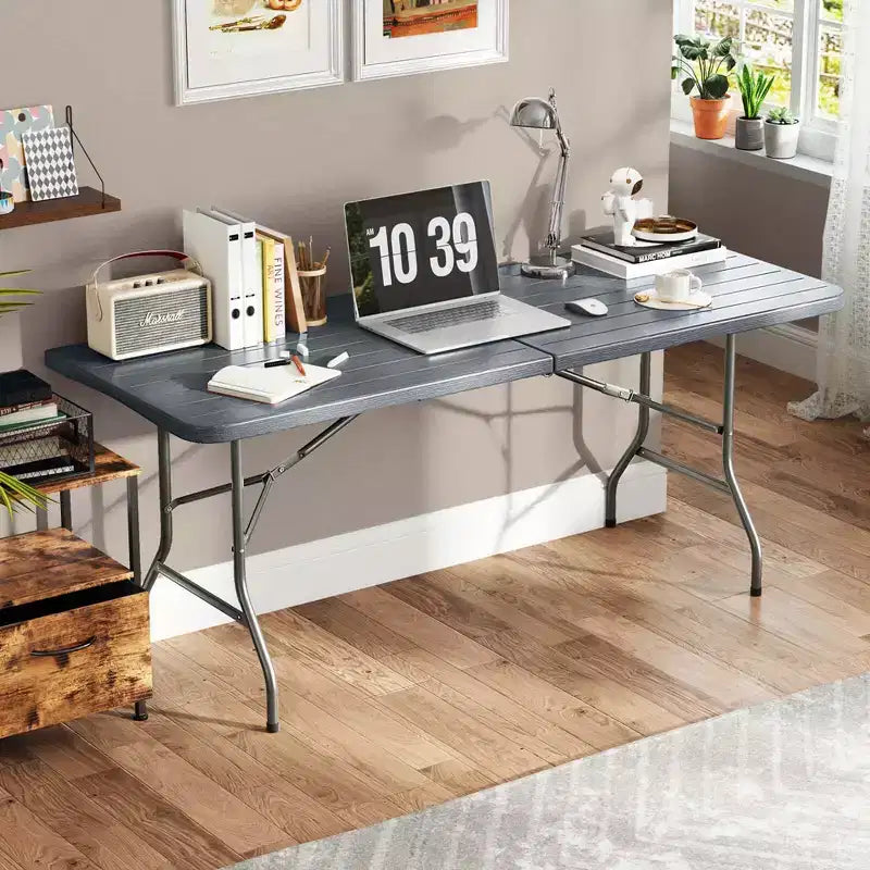 Costway 6 ft Portable Folding Table with Wood Grain HDPE Tabletop Safe Lock Mechanism Gray/Brown