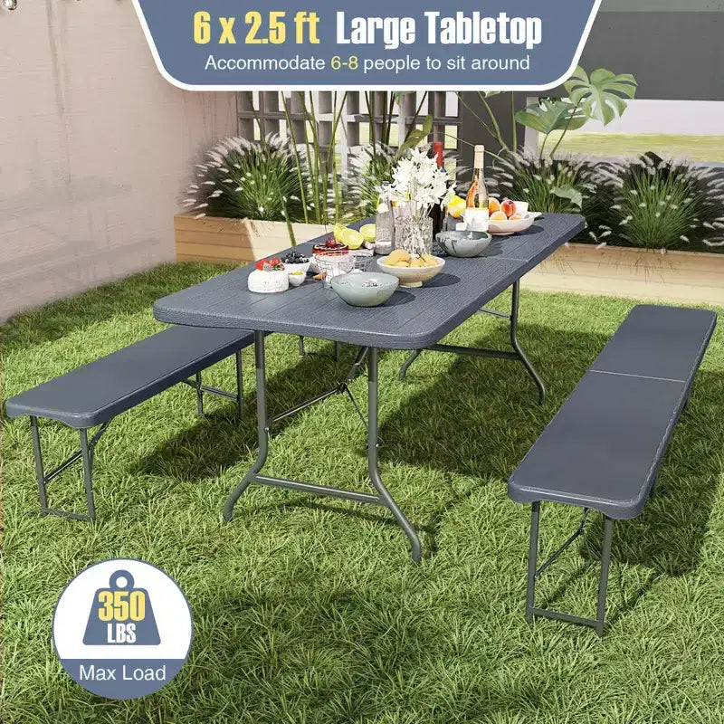 Costway 6 ft Portable Folding Table with Wood Grain HDPE Tabletop Safe Lock Mechanism Gray/Brown