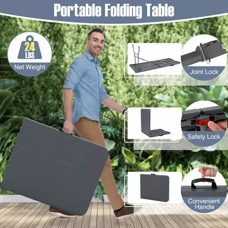 Costway 6 ft Portable Folding Table with Wood Grain HDPE Tabletop Safe Lock Mechanism Gray/Brown