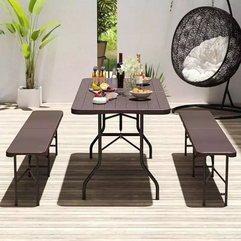 Costway 6 ft Portable Folding Table with Wood Grain HDPE Tabletop Safe Lock Mechanism Gray/Brown