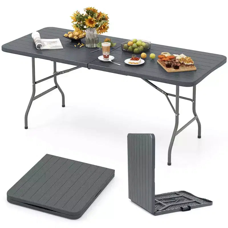 Costway 6 ft Portable Folding Table with Wood Grain HDPE Tabletop Safe Lock Mechanism Gray/Brown
