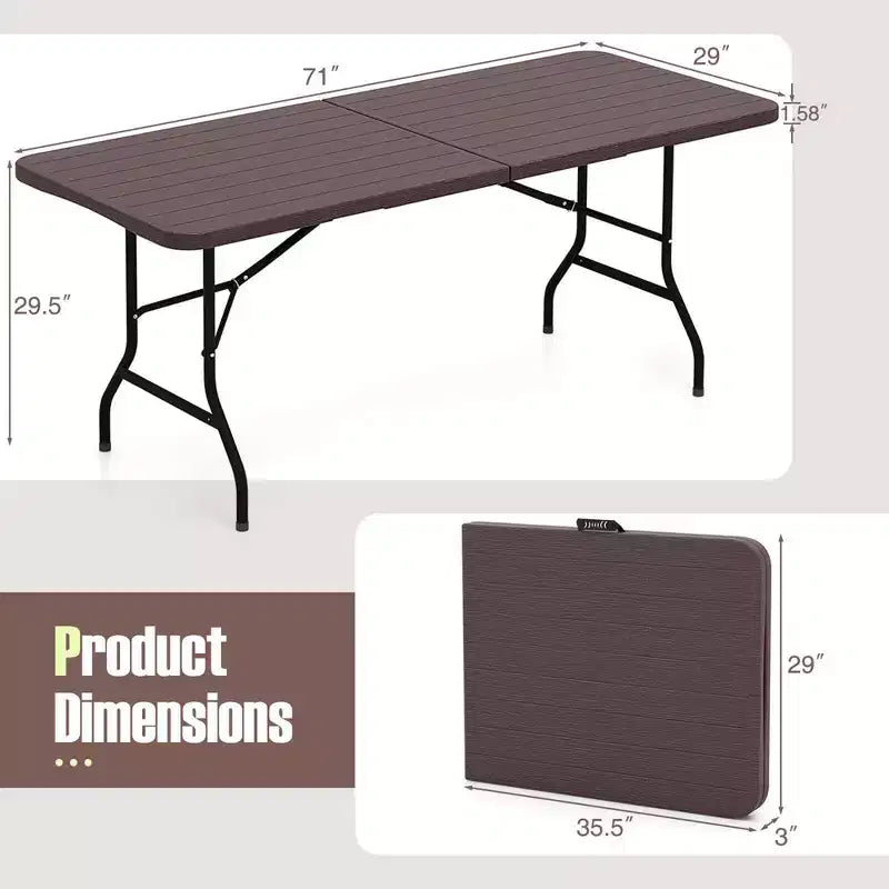 Costway 6 ft Portable Folding Table with Wood Grain HDPE Tabletop Safe Lock Mechanism Gray/Brown