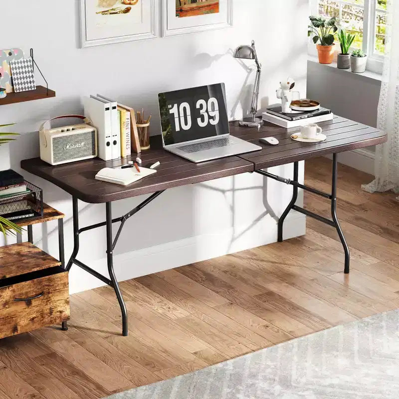 Costway 6 ft Portable Folding Table with Wood Grain HDPE Tabletop Safe Lock Mechanism Gray/Brown