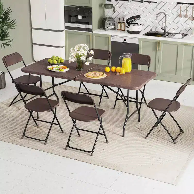 Costway 6 ft Portable Folding Table with Wood Grain HDPE Tabletop Safe Lock Mechanism Gray/Brown