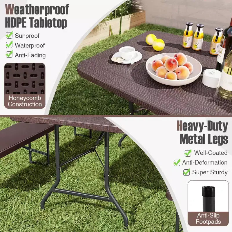 Costway 6 ft Portable Folding Table with Wood Grain HDPE Tabletop Safe Lock Mechanism Gray/Brown