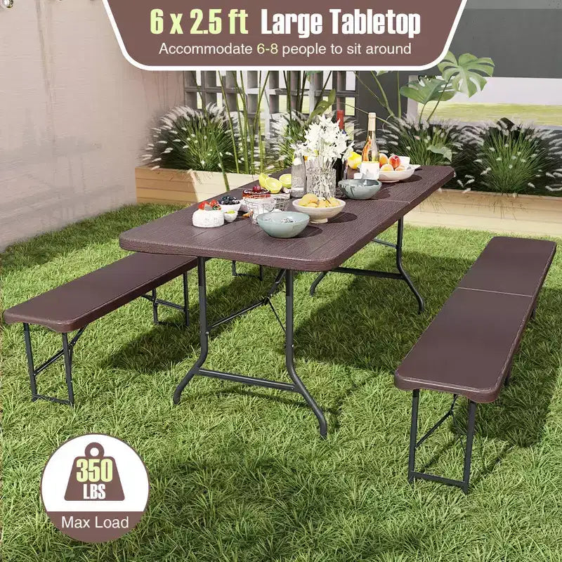 Costway 6 ft Portable Folding Table with Wood Grain HDPE Tabletop Safe Lock Mechanism Gray/Brown
