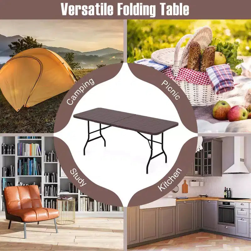 Costway 6 ft Portable Folding Table with Wood Grain HDPE Tabletop Safe Lock Mechanism Gray/Brown