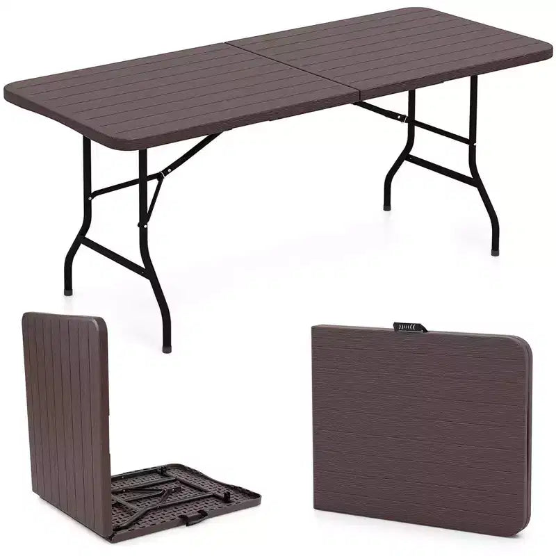 Costway 6 ft Portable Folding Table with Wood Grain HDPE Tabletop Safe Lock Mechanism Gray/Brown