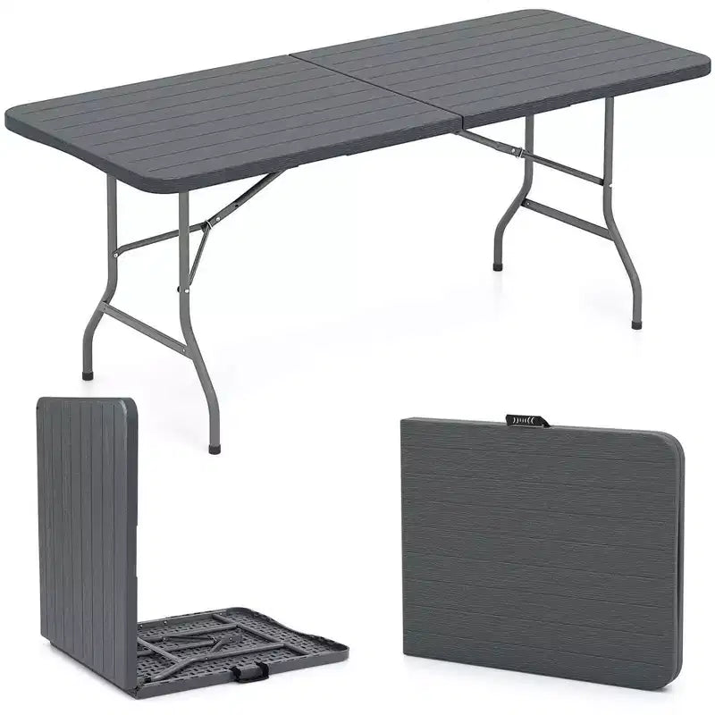 Costway 6 ft Portable Folding Table with Wood Grain HDPE Tabletop Safe Lock Mechanism Gray/Brown