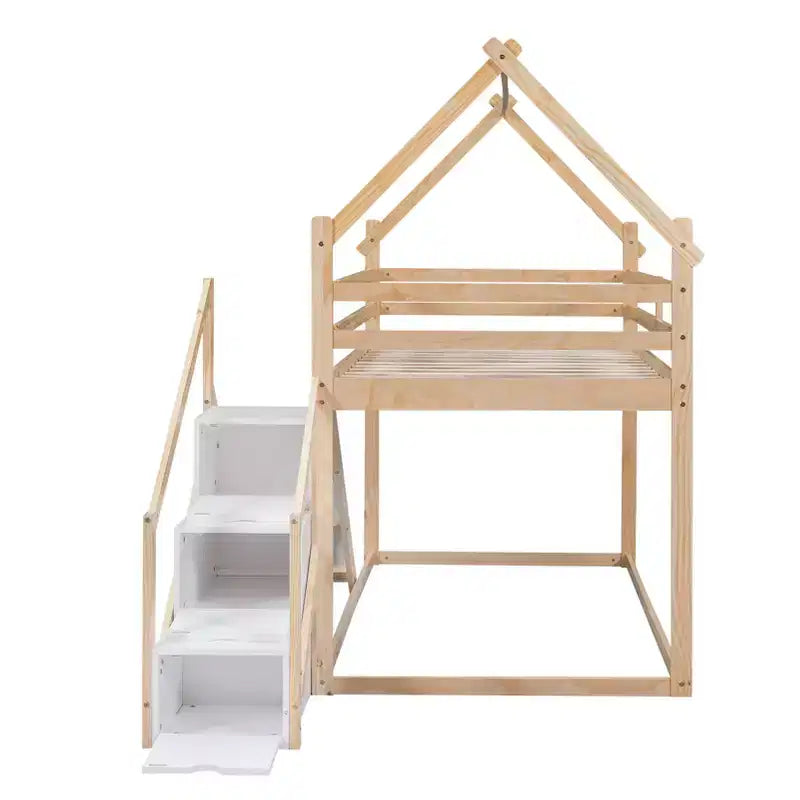 Twin over Twin House Bunk Bed with Slide and Staircase - ModernLuxe