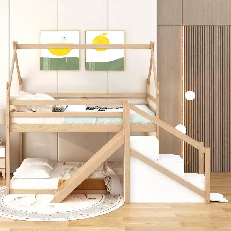 Twin over Twin House Bunk Bed with Slide and Staircase - ModernLuxe