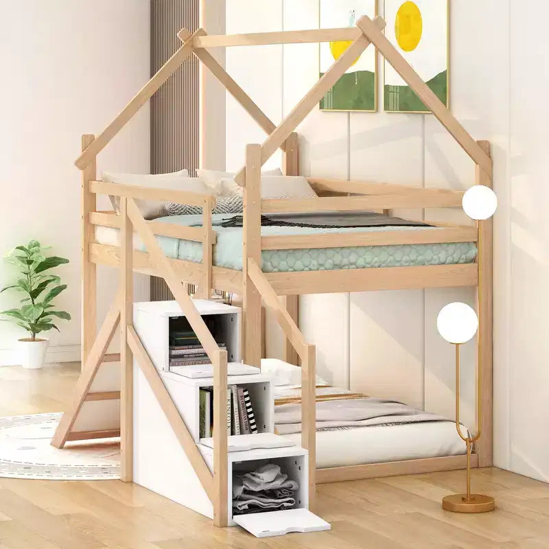 Twin over Twin House Bunk Bed with Slide and Staircase - ModernLuxe