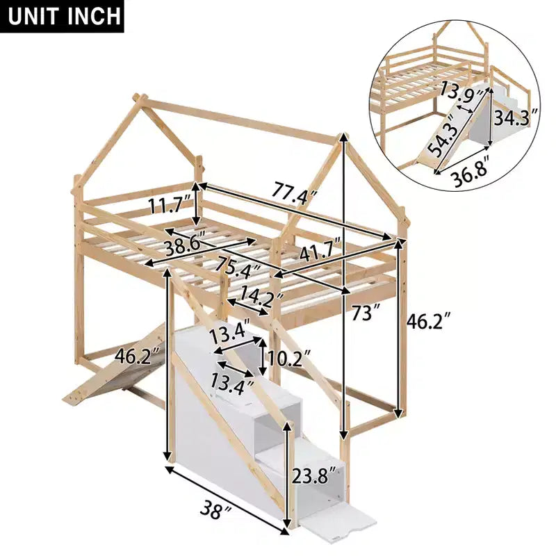 Twin over Twin House Bunk Bed with Slide and Staircase - ModernLuxe