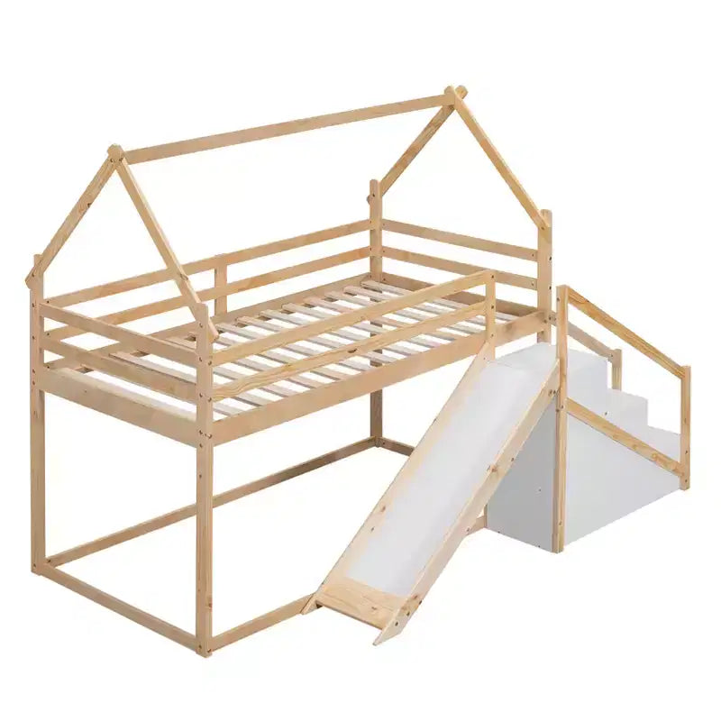 Twin over Twin House Bunk Bed with Slide and Staircase - ModernLuxe