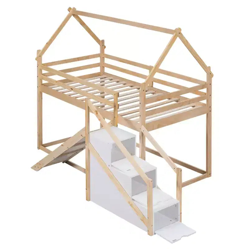 Twin over Twin House Bunk Bed with Slide and Staircase - ModernLuxe