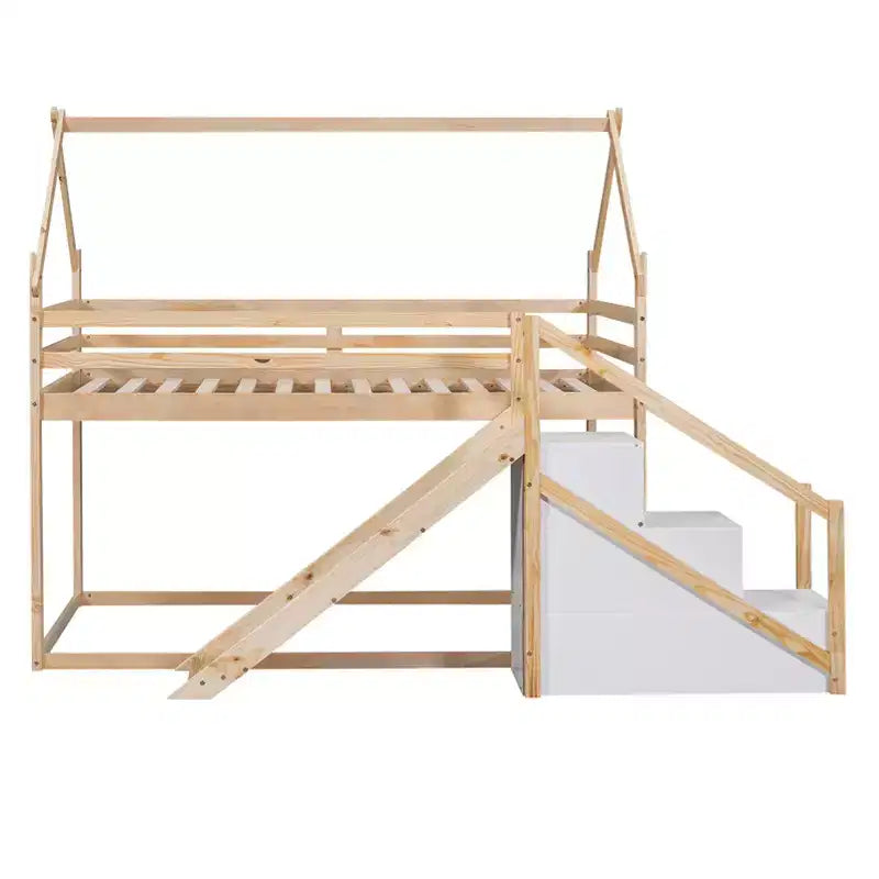 Twin over Twin House Bunk Bed with Slide and Staircase - ModernLuxe