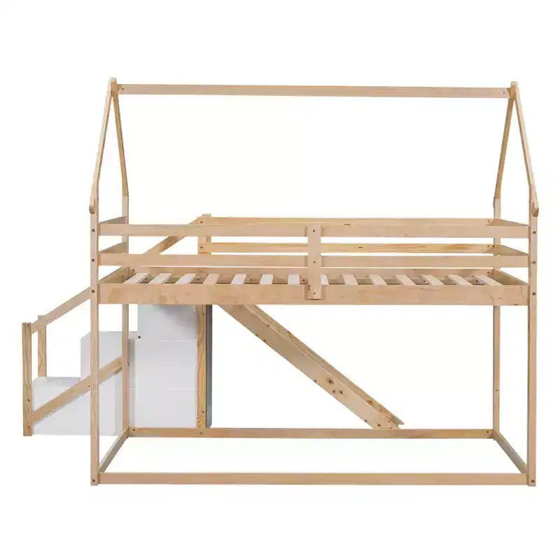 Twin over Twin House Bunk Bed with Slide and Staircase - ModernLuxe