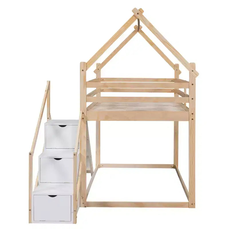 Twin over Twin House Bunk Bed with Slide and Staircase - ModernLuxe
