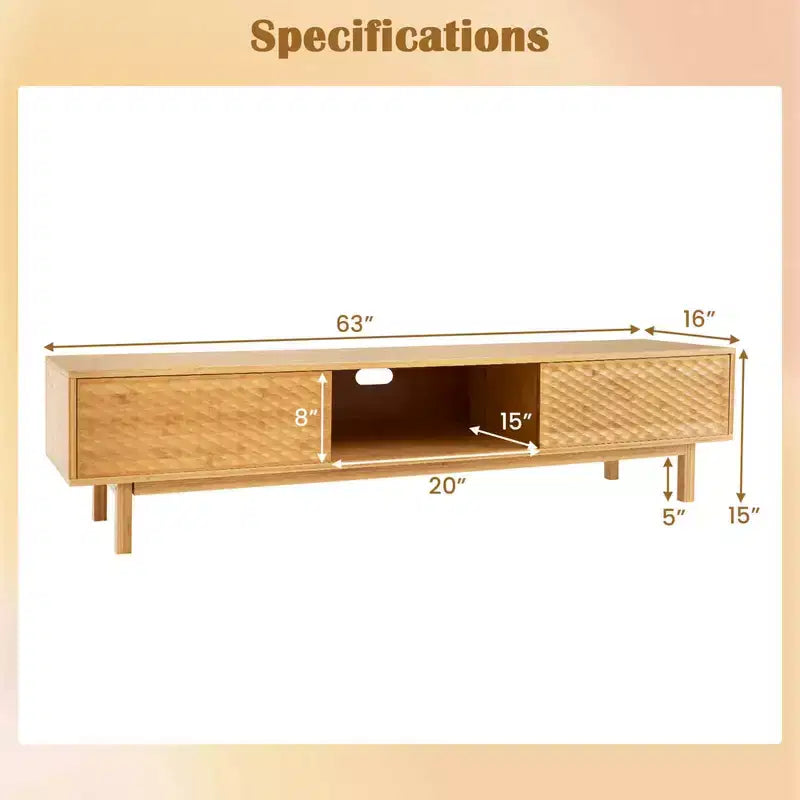 Costway 63 Bamboo TV Stand with 3 Storage Cubes Sliding Doors Mid Century Storage Cabinet