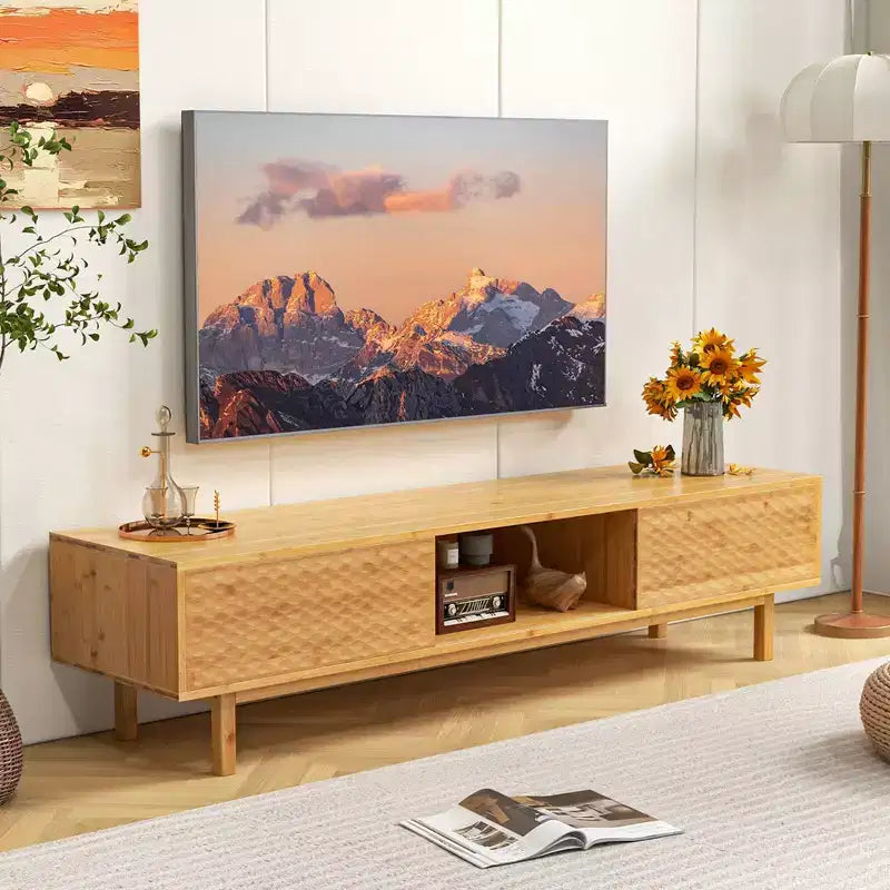 Costway 63 Bamboo TV Stand with 3 Storage Cubes Sliding Doors Mid Century Storage Cabinet