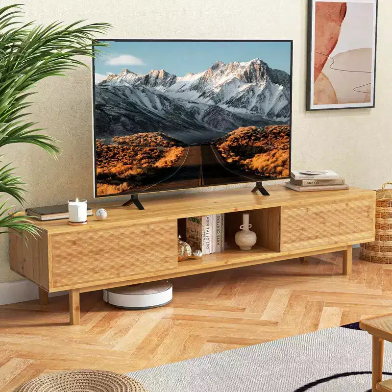 Costway 63 Bamboo TV Stand with 3 Storage Cubes Sliding Doors Mid Century Storage Cabinet