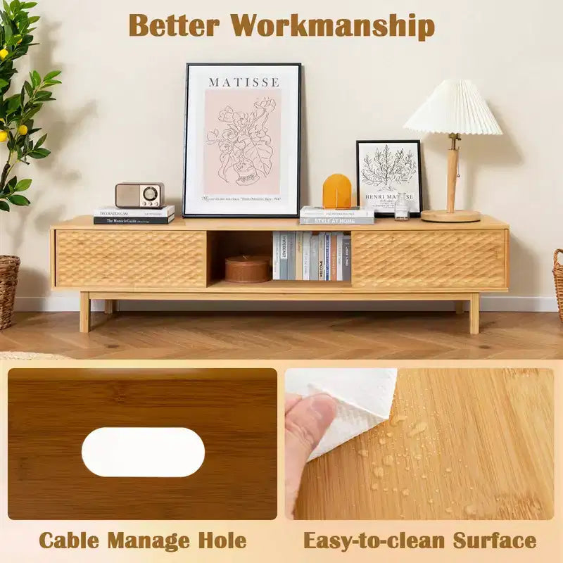 Costway 63 Bamboo TV Stand with 3 Storage Cubes Sliding Doors Mid Century Storage Cabinet