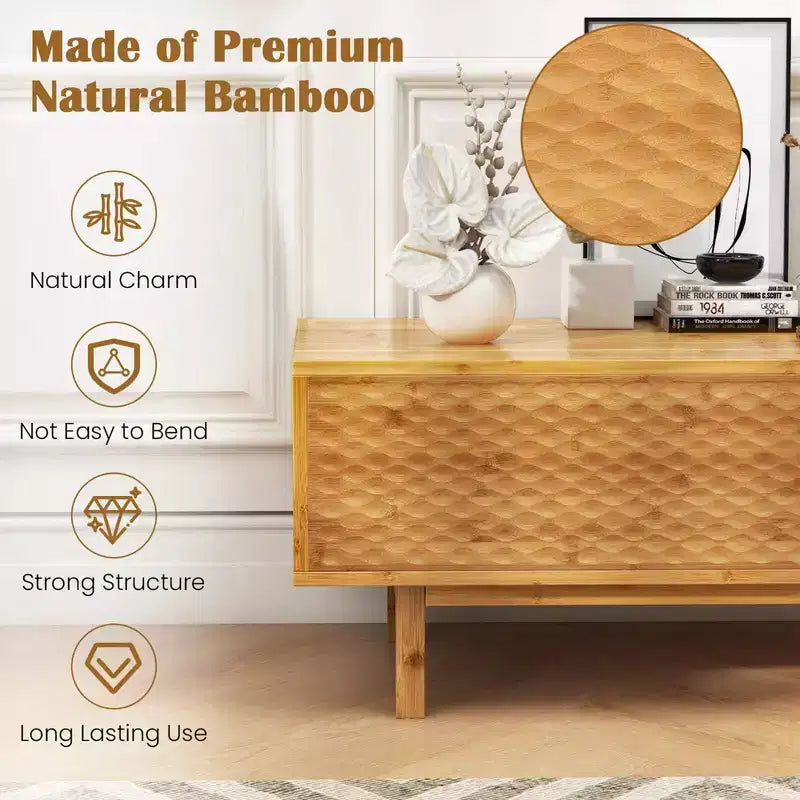 Costway 63 Bamboo TV Stand with 3 Storage Cubes Sliding Doors Mid Century Storage Cabinet